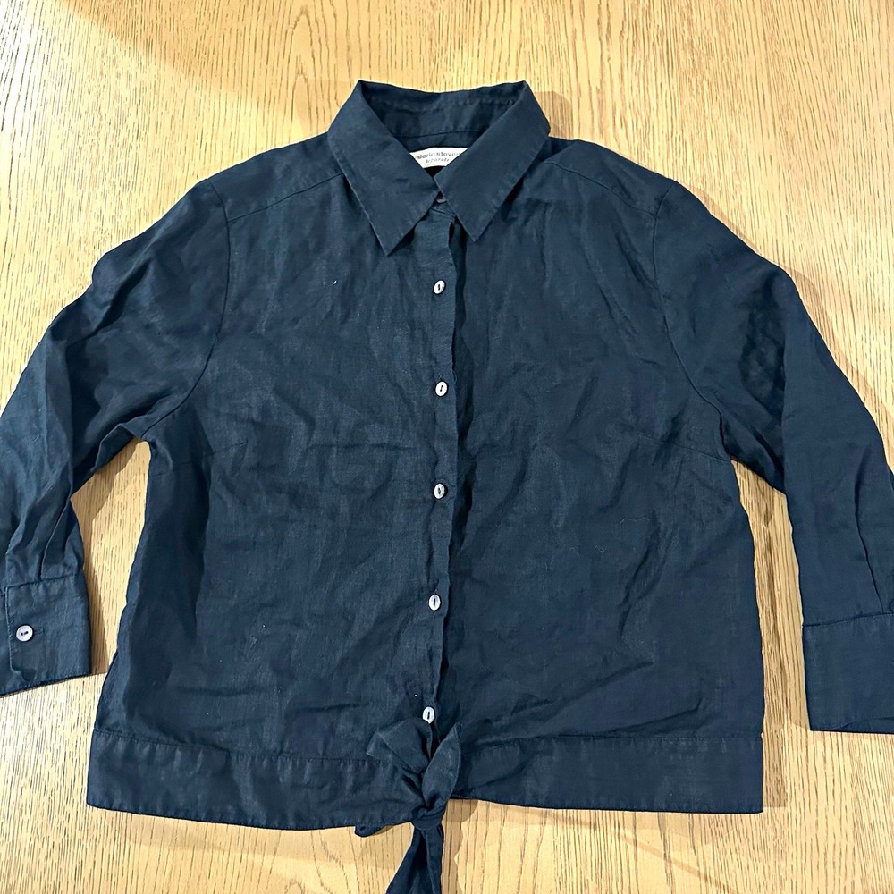 Valerie Stevens 100% Linen Black Tie Front Button Down Shirt Blouse Medium Size